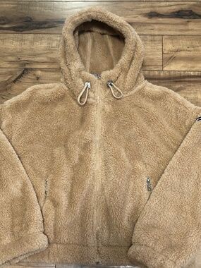 Calvin Klein. Faux Fur Zip Up Hooded Jacket size M Beige